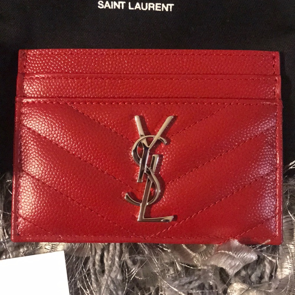 YSL Monogram Card Case/Color: Red leather/Silver